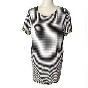 Oversized Blue White Stripped Pocketed Pullover Short Sleeve Tunic by Joh Medium